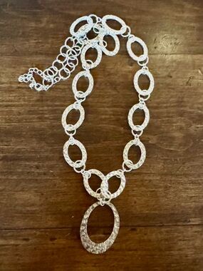 Sculptural Silver Oval Chain Necklace Hammered Metal Statement Piece Modern Boho